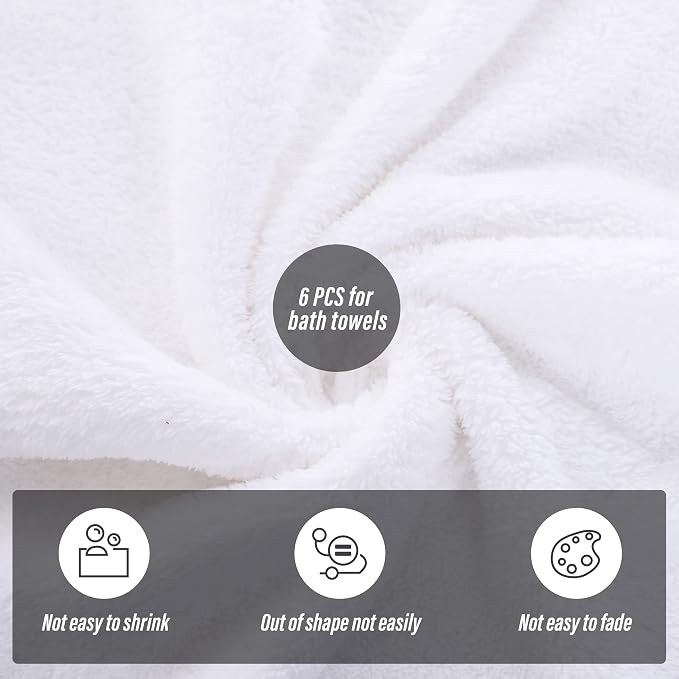 MOONQUEEN 6 Pack Premium Bath Towel Set - Quick Drying - Microfiber Coral Velvet Highly Absorbent Towels - Multipurpose Use as Bath Fitness, Bathroom, Shower, Sports, Yoga Towel (White) - Image 4