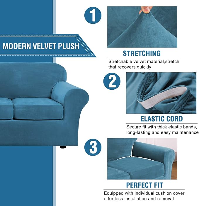 H.VERSAILTEX Modern Velvet Plush 4 Piece High Stretch Sofa Slipcover Sofa Cover Furniture Protector Form Fit Luxury Thick Velvet Sofa Cover for 3 Cushion Couch Width Up to 90 Inch (Sofa,Peacock Blue) - Image 3