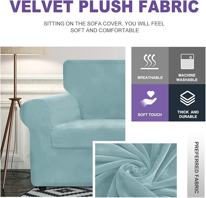 ZNSAYOTX Luxury Velvet Chair Slipcovers with Arms 2 Piece Stretch Chair Covers for Living Room Thick Soft Armchair Slipcover Anti Slip Pet Friendly Furniture Protector (Stone Blue),30"-47"(1 Cushion) - Image 3