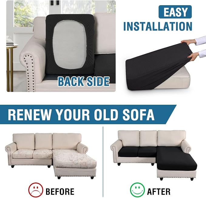 H.VERSAILTEX Sectional Couch Covers 3 Pieces Sofa Seat Cushion Covers L Shape Separate Cushion Couch Chaise Cover for Both Left/Right Sectional Couch (Seat Only: 1 Chaise + 2 Sofa, Black) - Image 5