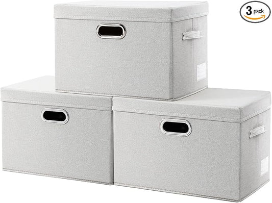 PRANDOM Collapsible Storage Bin with Lid [3-Pack] Fabric Foldable Storage Box Organizer Container Basket Cube with Cover for Home Bedroom Closet Office Beige(15.3x10x9.7) by Prandom