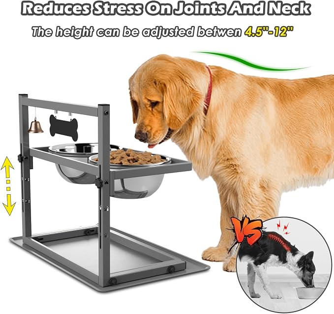 SHAINFUN Grey Raised Dog Bowl Stand with Two 1700ml Stainless Steel Food Bowl, a Slow Feeder and Silicone Pet Feeding Mat, Adjustable Dog Feeder, Elevated Dog Bowls for Large Medium and Small Dogs - Image 2