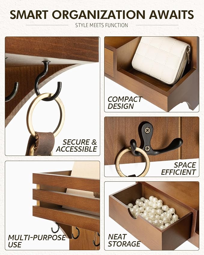 Rebee Vision Key Holder Wall Mount with Drawer Organizer for Entryway,Brown | Key Holder for Wall , 9 Sturdy Key Hooks, Floating Shelf, Plant Display, Drawer Organizer, Mail Sorter, Home Decor Storage - Image 5
