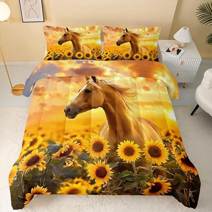 QOOMO Horse Comforter King Size,Sunflower Horse Comforter Set for Kids Teens Girls Boys,3Pcs Bedding Set Printed Comforter with 2 Pillowcases,Soft and Lightweight，King Size - Image 2