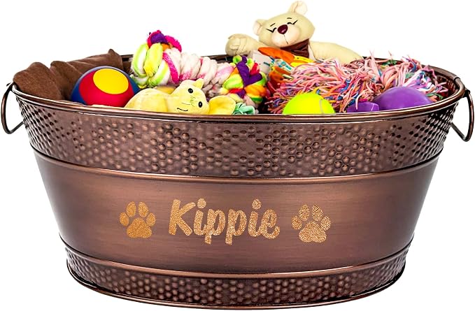 BREKX Personalized Metal Dog Toy Bin - Copper Galvanized Storage Bin with Handles, Basket for Pet Toys, Dog Toy Box, Pet Storage - Custom Dog Name Gift by BREKX