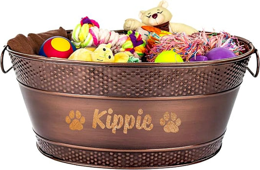 BREKX Personalized Metal Dog Toy Bin - Copper Galvanized Storage Bin with Handles, Basket for Pet Toys, Dog Toy Box, Pet Storage - Custom Dog Name Gift by BREKX