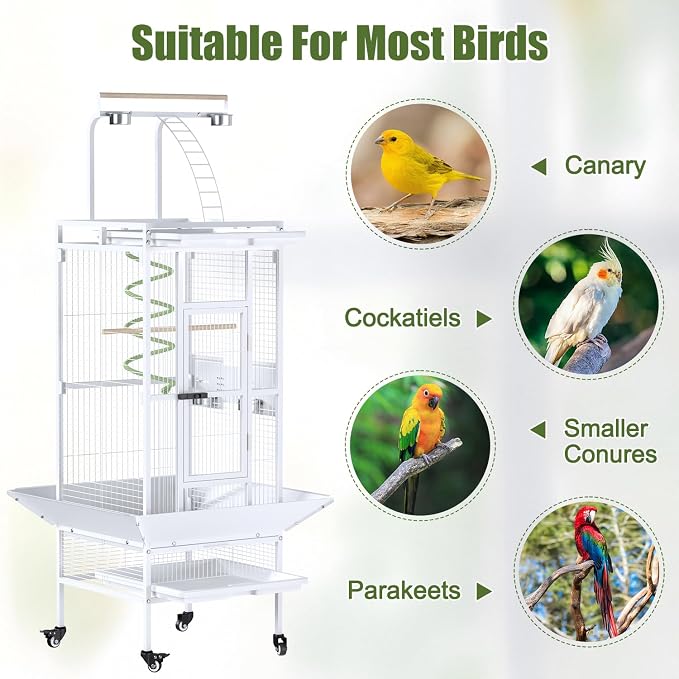 Erinnyees 61 Inch Wrought Iron Large Bird Cage with Rolling Stand, Heavy-Duty Parakeet Cage with Pull-Out Tray and Wheels, Birdcage for Parrots, Cockatiels, Budgies, Lovebirds, Macaws (White) - Image 6