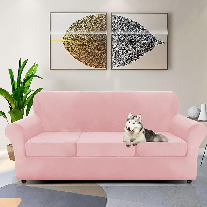 ZNSAYOTX Oversized Velvet Couch Cover 4 Piece (92"-115") Stretch Sofa Covers for 3 Cushion Couch Thick Soft XL-Slipcover with Non Slip Strap, Dog Pet Friendly Nice Furniture Protector (Rose) - Image 2