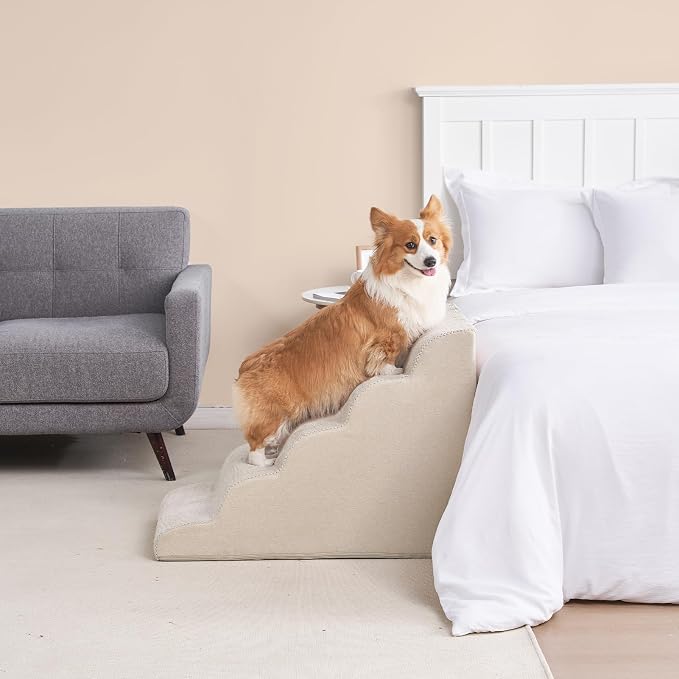 EHEYCIGA Curved Dog Stairs Ramp for High Beds, 5-Step Extra Wide Dog Steps for Small Dogs and Cats, Pet Stairs for High Bed Climbing, Non-Slip Balanced Pet Step Indoor, Beige - Image 8