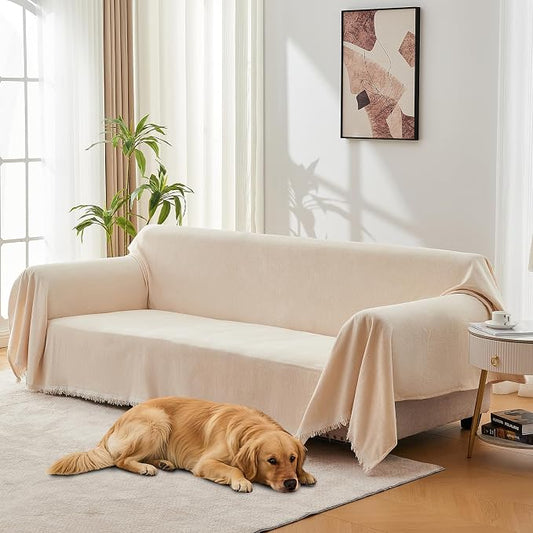 Sofa Cover for Washable Sectional L Shape, Beige | Couch Covers Protector with Tassel Sofa Slipcover for Pet & Kid Friendly by LuxshareHome