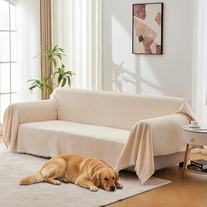 Sofa Cover for Washable Sectional L Shape, Beige | Couch Covers Protector with Tassel Sofa Slipcover for Pet & Kid Friendly by LuxshareHome