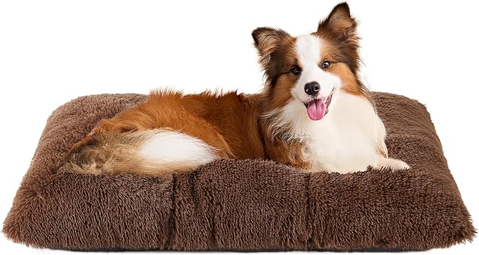 EHEYCIGA Fluffy Dog Crate Bed for Large Dogs, Plush Faux Fur Pad, Coffee | Calming Anti Anxiety Large Dog Crate Bed, Washable Soft Warm Mat with Non-Slip Bottom by EHEYCIGA