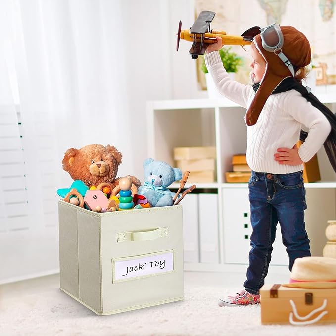 13x13x13 storage cube bins (Set of 10) Fabric storage cubes with 10 Labels Window Cards & a Pen, storage cubes 13x13, Collapsible 13 inch cube storage bins, Cubby Organizer Boxes, Beige - Image 6