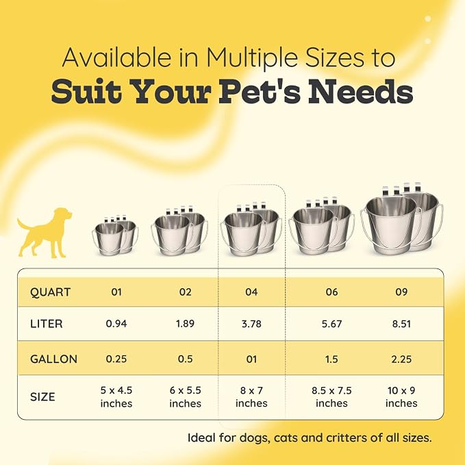 4 Quart Stainless Steel Flat Sided Bucket with Dual Hooks | 2 Pcs Durable Food & Water Bowl for Dogs Cats Goat & Livestock | Fits kennel Cage Critter Crate Hanging Pet Pail | Multipurpose - Image 8
