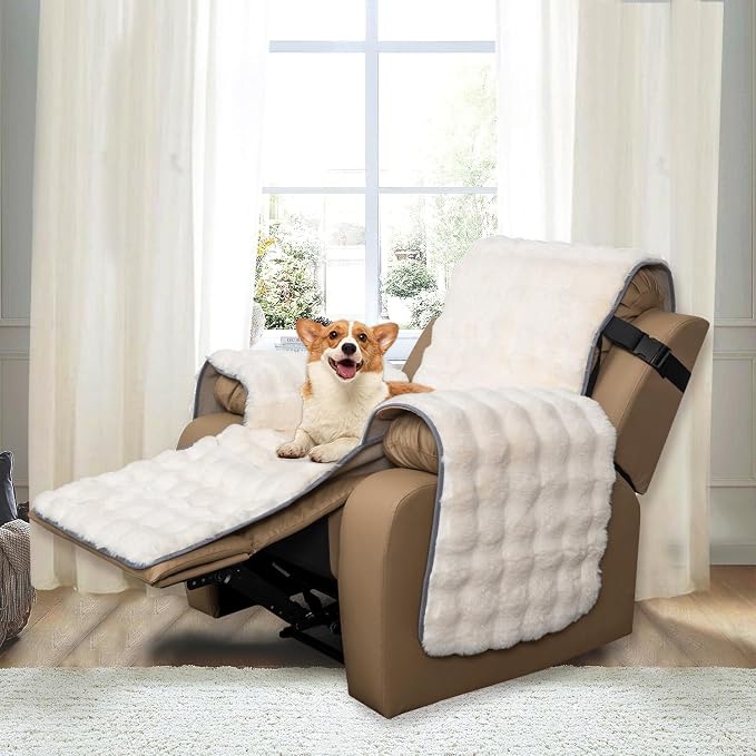 Plush and Fuzzy Shaggy Couch Cover, Dog Pad Faux Fur Sofa Cover, Water Resistant Slipcover, Non-Slip Furniture Protector for Kids,Dogs,Cats.(White-Bubble, Medium Recliner) - Image 2