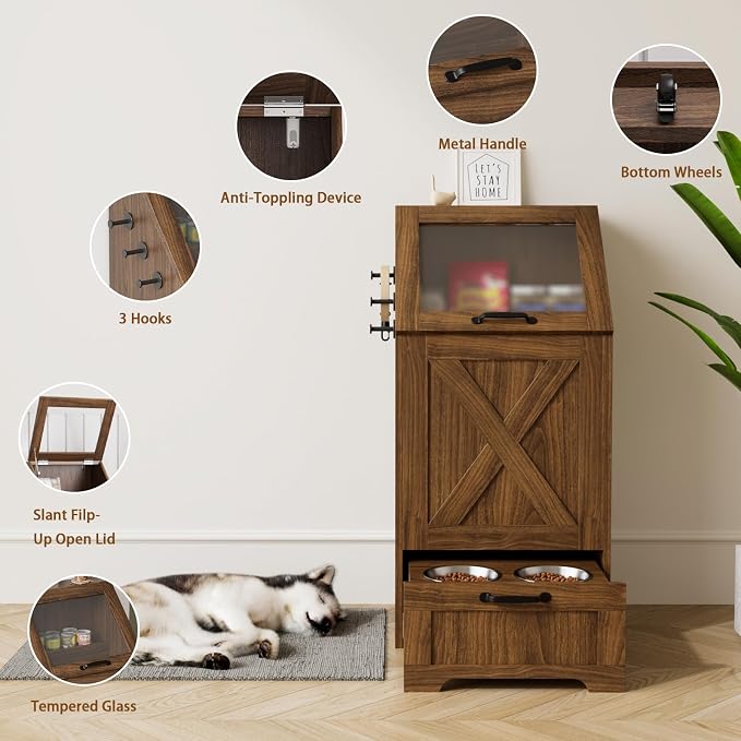 Dog Feeding Station with Storage Cabinet and 2 Elevated Dog Bowls, Hidden Pet Food Storage Organizer for Dog &Cat,Modern Dogs Furniture (Walnut) - Image 5