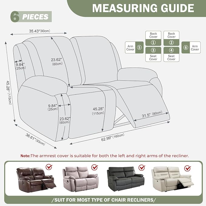 vctops Diamond Recliner Loveseat Slipcover 6-Pieces Stretch Dual Recliner Sofa Covers for 2 Seat Dual Reclining Loveseat Couch Soft Solid Furniture Protector (Greyish Green,2 Seat) - Image 2