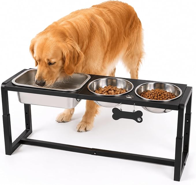 Metal Elevated Dog Bowls for Medium/Large Breed, 3 Adjustable Height(8.8''/11.5''/14'') Raised Dog Bowl Stand with Two 58oz & One 1.2gallons Large Stainless Steel Dog Food Water Bowls by FLODOMIXHOME