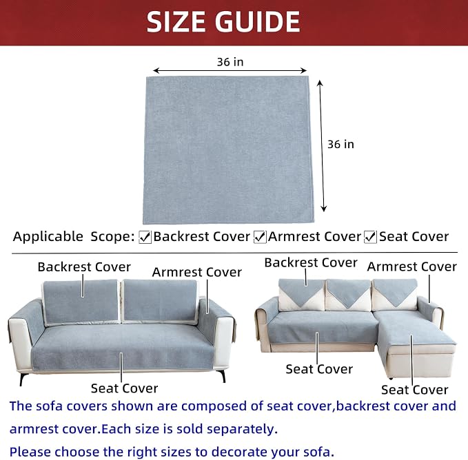 Couch Cover Sectional Couch Covers Non Slip Sofa Covers Washable for 3 Cushion Couch L Shaped Couch Protector Sofa Slipcovers for Kids Dogs Pets,Chenille,Light Gray,36''x36''(Only 1 Piece) - Image 3