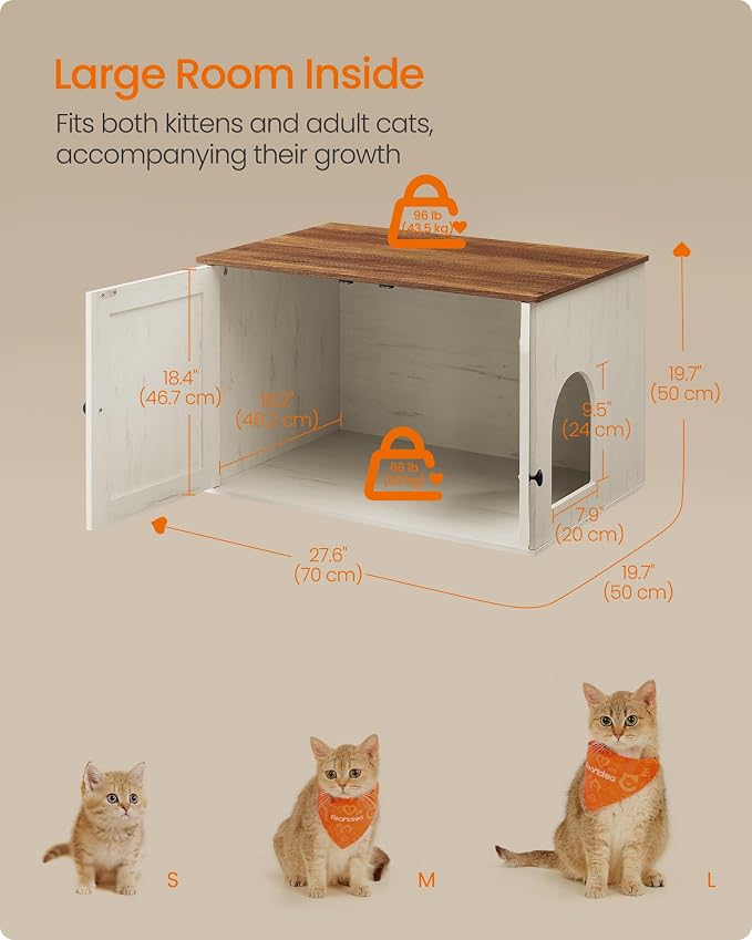 Feandrea Cat Litter Box Enclosure, Litter Box Furniture Hidden, Indoor Cat House, End Table, 27.6 x 19.7 x 19.7 Inches, Rustic White and Honey Brown UPCL022K02 - Image 5