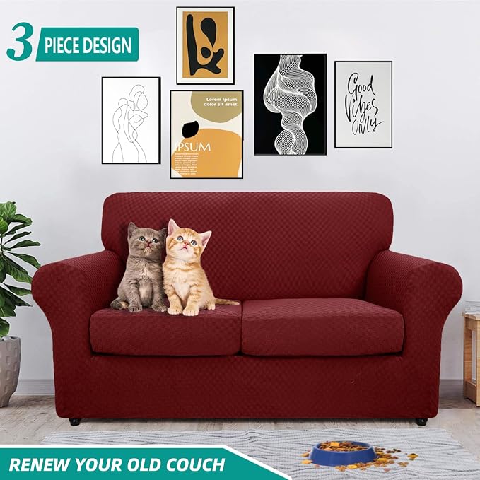 YEMYHOM Latest Checkered 3 Pieces Couch Covers for 2 Cushion Couch High Stretch Thickened Love Seat Sofa Cover for Dogs Pets Anti Slip Elastic Loveseat Slipcover (Wine Red), 55"-69"(2 Cushions) - Image 2