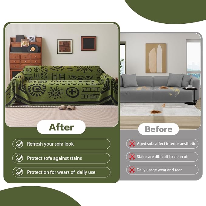 DREAMINGO Green Japandi Couch Cover Boho Tribal Jacquard Sofa Covers for 3 Cushion Couch Thick Soft Chenille Living Room Furniture Futon Sectional Sofa Slipcovers Washable, XX-Large 71"x150" - Image 5