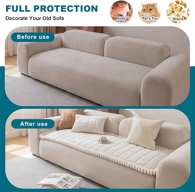 KRFOONN Couch Cover for Dogs Washable Pet Couch Covers for 3 Cushion Sofas Non-Slip Dog Sofa Protectors Cushion Covers Soft Sofa Slipcovers Cushion Protector for Pets (Style B-Beige, 27.6" x 70.9") - Image 4