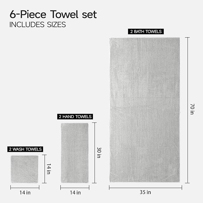 REDKISS 6-Piece Microfiber Bath Towel Set, Ultra Soft, Highly Absorbent & Quick Dry, 35x70 Inch Oversized, Light Gray Towels for Bathroom, Spa, Gym, 2 Bath 2 Hand 2 Washcloths - Image 3