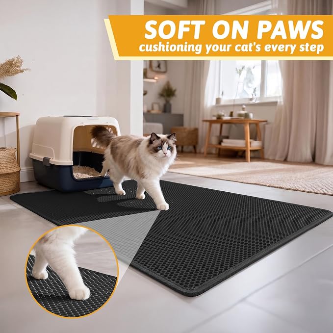 Pieviev Litter Box Mat, Double-Layer Waterproof Design, 47" x 36" Black | Honeycomb Litter Trapping Mat Captures Scattered Particles to Stop Tracking, Waterproof Base Protects Floors, Easy to Clean - Image 4