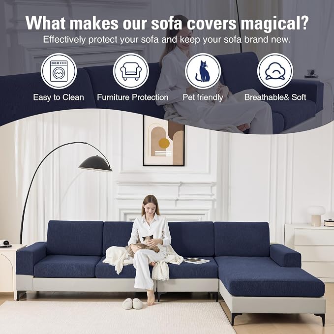 Couch Cushion Covers Sectional Couch Covers Stretch Washable Soft Seat Cushion Covers Furniture Protector Sofa Slipcovers for Pets(Navy,3 Pieces Seat Covers or Back Covers) - Image 6