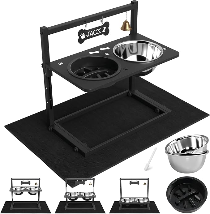 Elevated Dog Bowls with Slow Feeder and Spill Proof Mat, Adjustable Height 4.3-11.8'', Two 1.7L Stainless Steel Food & Water Bowls, Metal Raised Dog Bowl Stand, for Large Medium Breeds by SHAINFUN