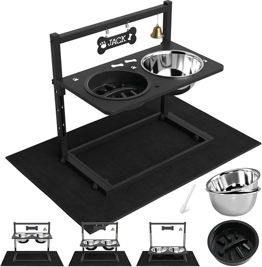 Elevated Dog Bowls with Slow Feeder and Spill Proof Mat, Adjustable Height 4.3-11.8'', Two 1.7L Stainless Steel Food & Water Bowls, Metal Raised Dog Bowl Stand, for Large Medium Breeds by SHAINFUN