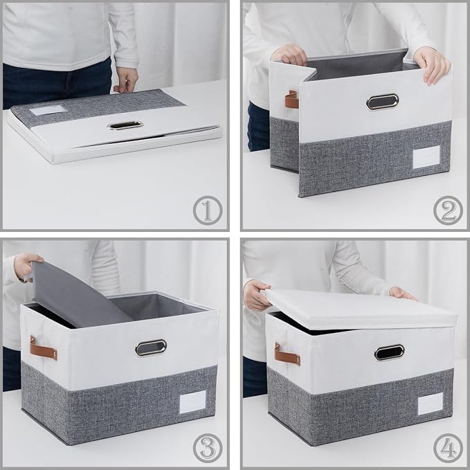 PRANDOM Foldable Storage Bins with Lids [3-Pack] Fabric Collapsible Storage Boxes Baskets Cubes Containers with Handles for Closet Living Room Bedroom (Grey & White 17.7x11.8x11.8'') - Image 6