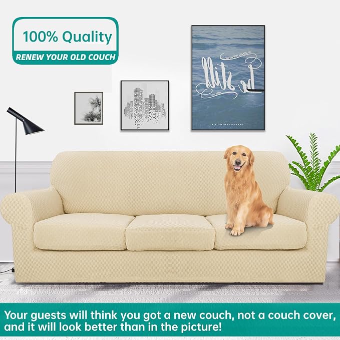 YEMYHOM Latest Checkered 4 Pieces Couch Covers for 3 Cushion Couch Extra Large High Stretch Thickened Sofa Cover for Dogs Pets Furniture Protector Sofa Slipcovers (Beige), 91"-110"(3 Cushions) - Image 2