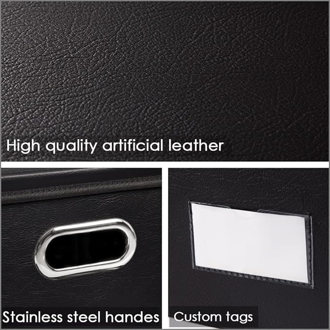 PRANDOM Collapsible Storage Box with Lid [3-Pack] Leather Fabric Foldable Storage Bin Organizer Container Basket Cube with Cover for Home Bedroom Closet Office Nursery Black(13.6x9.6x6.9) - Image 3