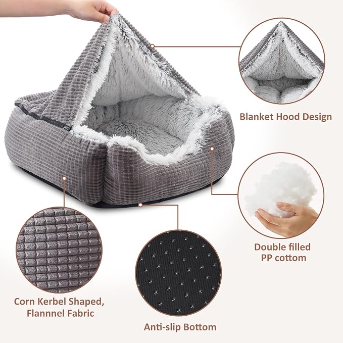 MIXJOY Dog Beds for Medium Large Small Dogs, Rectangle Cave Hooded Blanket Puppy Bed, Luxury Orthopedic Cat Beds for Indoor Cats, Warmth and Machine Washable (25 inches, Grey) - Image 6
