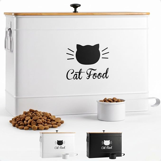 Metal Cat Food Container with Scoop, 15lb (50 Cup) w/ Airtight Bamboo Lid | 15 lb / 50 Cup Capacity, 1 Cup Metal Scoop, Durable Powder Coated Iron Body, Rubber Lined Bamboo Lid, Sturdy Metal Handles by HBDesignCo