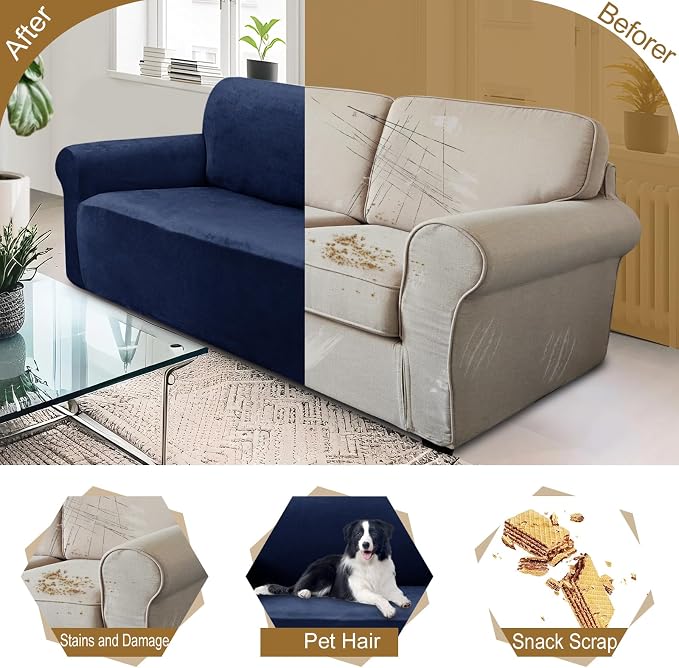 U-NICE HOME Velvet Loveseat Sofa Covers Stretch Couch Cover Furniture Protector Sofa Slipcover for Dogs (Medium, Navy) - Image 5