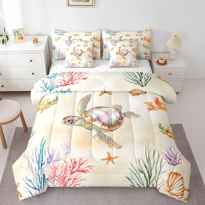 Erosebridal Kids Turtle Comforter Set with Sheets Twin Size, Reptile Tortoise Bed in A Bag, Underwater World Sea Animal 7 Pieces Bedding Set, Lovely Starfish Bedding Comforter Sets - Image 3