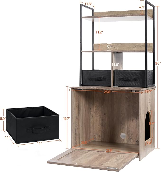 DWANTON Litter Box Enclosure with 2 Storage Shelves and 2 Drawers, 2-in-1 Hidden Cat Litter Box Enclosure Furniture with Shelf, Reversible Entrance, Washable Drawers, 50-Inch, Greige - Image 5