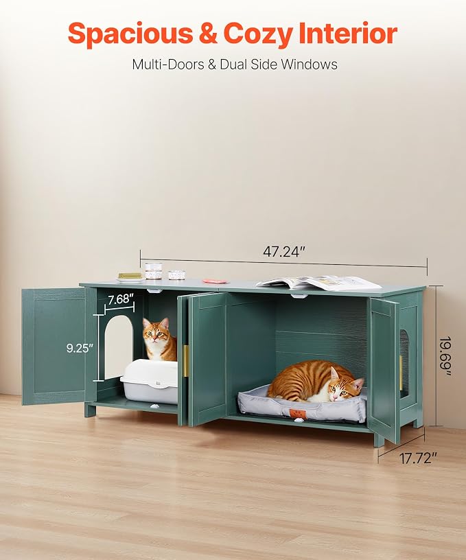 VEVOR Cat Litter Box Enclosure for Multi Cats, 47.2 in Hidden Litter Box Cabinet with 4 Doors & 2 Entries, Indoor Cat Washroom, Wooden Kitty House Furniture Side Table, Fit Most Litterboxes, Green - Image 2