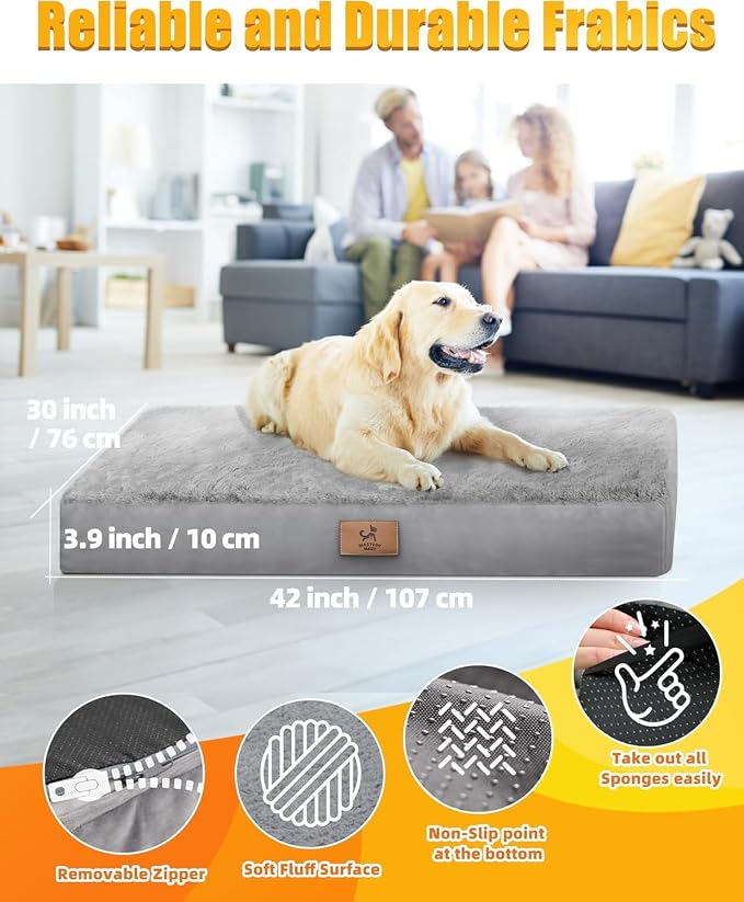Sytopia Soft Plush Dog Bed, 42" XL Orthopedic Dog Bed for Extra Large Dogs (90 lbs), Durable Waterproof Pet Bed, Heavy Duty Dog Crate Pad, Washable Removable Cover, Anti-Slip Bottom, Light Gray - Image 3