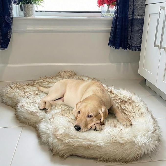 Faux Fur Orthopedic Dog Bed, Memory Foam, White w/Brown Tips 40"x25" | Plush Washable Dog Rug with Waterproof Machine Washable Cover, Calming for Anxious Senior Dogs, Relieves Joints by iHappyDog