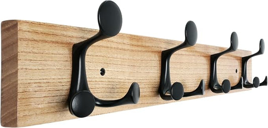 SKOLOO 24-Inch Wood Coat Rack Wall Mount with 4 Triple Hooks - Ideal for Family Entrances, Classrooms, and Pet Supplies Storage - Perfect Coat Hooks for Wall, Black on Natural by SKOLOO