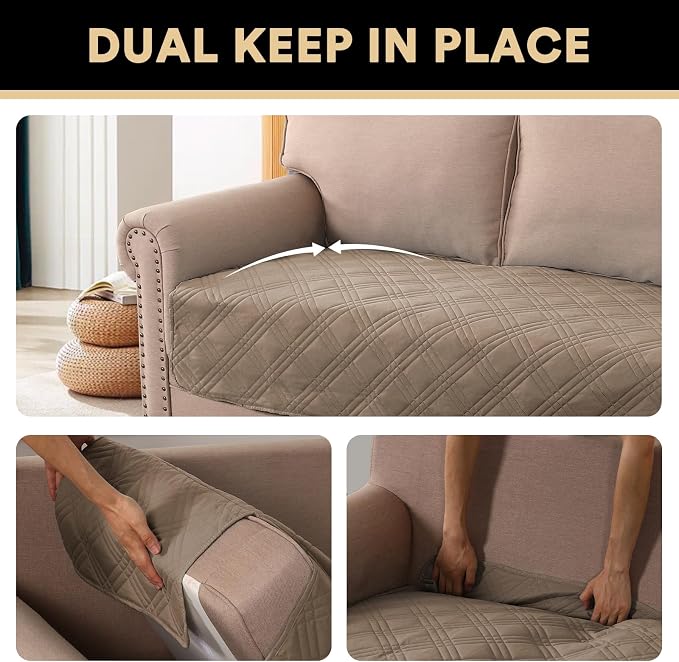 PrinceDeco Waterproof Sofa Bed Cover Washable，Thick Loveseat Couch Covers for 2 Cushion Couch Sofa Pet Friendly, Pet Couch Covers Furniture Protector for Dogs Cats ((Taupe,40x48 Inch) - Image 4