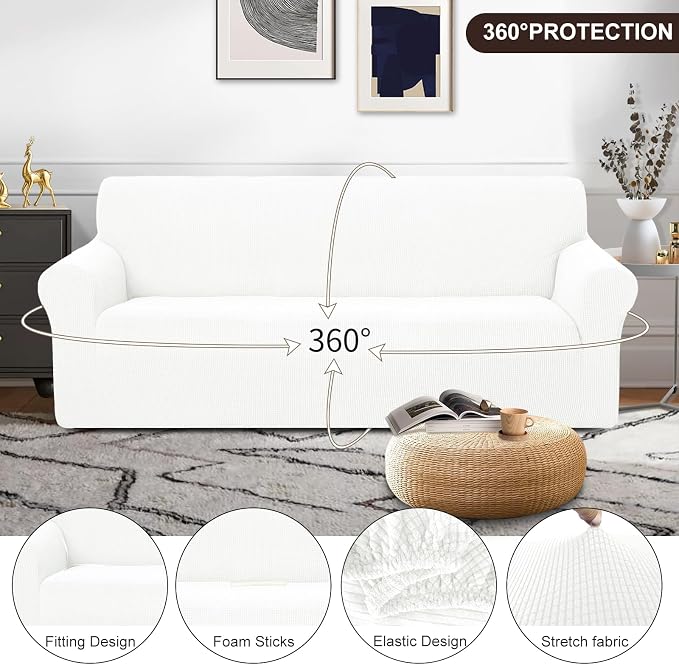 U-NICE HOME Stretch Couch Cover Slipcover for 3 Cushion Sofa, Ivory White | 1-Piece Sofa cover, Washable, Pet friendly, Furniture protector, Polyester Spandex Jacquard fabric - Image 3