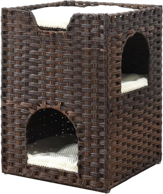 Cat Bed for Indoor Cats, a Stylish Cat Hideaway & Cat House - Handwoven Rattan Cat Cave Bed with Soft Cushion, Foldable Cat Cubes for Indoor Cats, Sturdy Cat Perch & Furniture Coffee Brown by ZonoriaZephyria