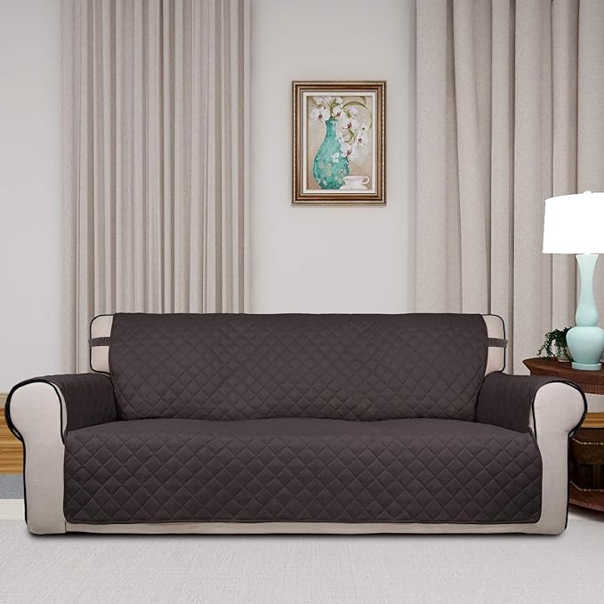 PureFit Reversible Quilted Sofa Cover, Water Resistant Slipcover Furniture Protector, Washable Couch Cover with Non Slip Foam and Elastic Straps for Kids, Pets (X Large, Chocolate/Chocolate) | Chocolate/Chocolate, Water Resistant Couch Protector, Washa... - Image 2
