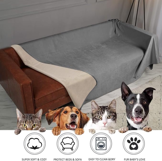 Ameritex Pet Bed Blanket Reversible 100% Waterproof Velvet Super Soft for Sofa and Bed (82x82 Inches, Light Grey+Beige) - Image 4