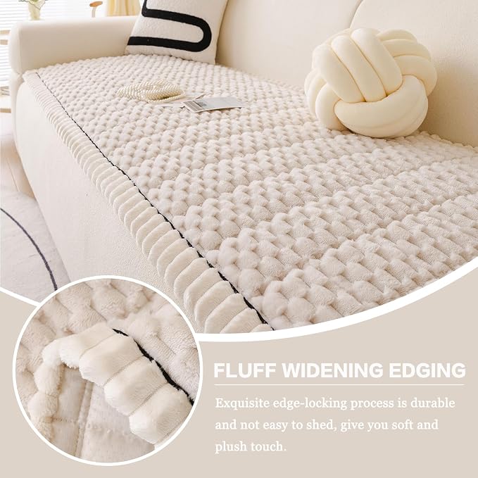 DREAMINGO Pet Couch Cover, Beige, 27.6x59.1 Inch | Non Slip, Fuzzy Plush, Washable, Geometric Jacquard, Cushion Protector - Image 3